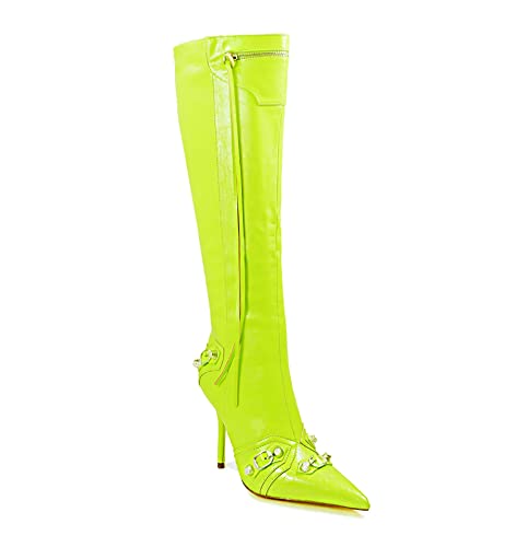 Liliana Womem Knee High Boots Pointed Toe Stiletto Heels Side Zipper Rivets Tassels Boots Bexie-3