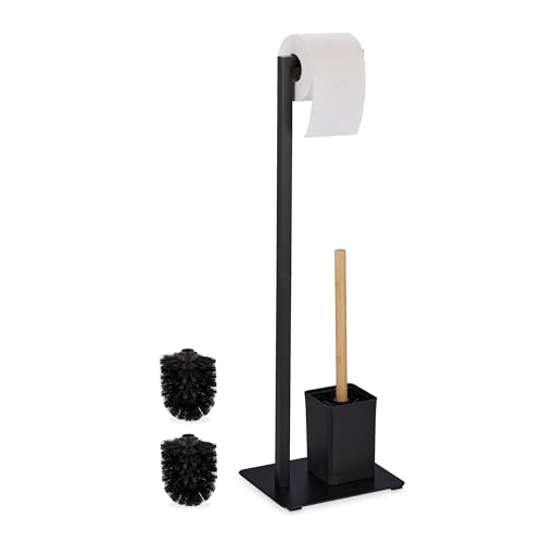 Image of Relaxdays Toilet Brush Set Bamboo Stainless Steel Standing Toilet Paper Holder Black /Natural