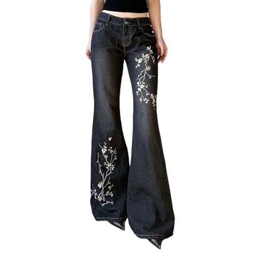 Vintage Bell Bottom Jeans Women Y2k Floral Embroidered Denim Pants Low Rise Flare Jeans Emo Grunge Streetwear