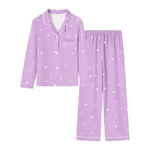 Umeyda Pajamas for Kids Girls Long Sleeve Button Down Pajamas with Pants Loungewear PJS, Purple Star, 9-10 Years = Tag 150 Cover