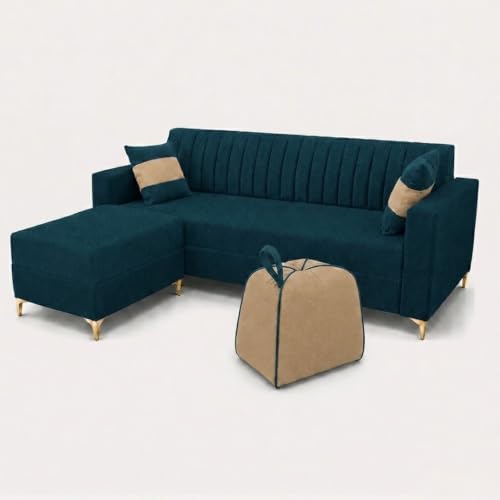 Image of FURNY Signature Regalia 4-Seater L-Shape Sofa Set with Movable Ottoman & Accent Suri Pouf | Flexible LHS /RHS Layout | Boston Fabric | 40D Foam + Zigzag Spring | 3-Yr Warranty (Peacock Green, Beige)
