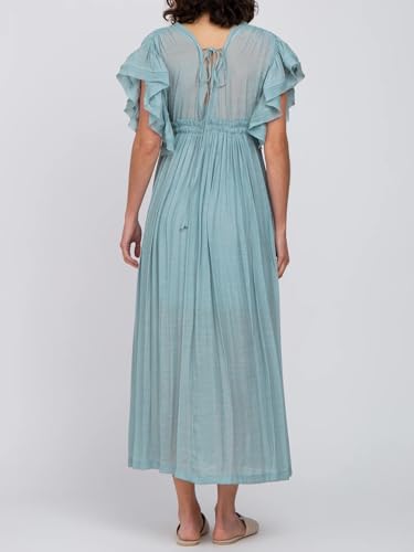 Image of R.Vivimos Maxi Dresses for Women 2026 Summer Short Sleeve V Neck Drawstring Tie Boho Loose Flowy Long Dresses with Pockets