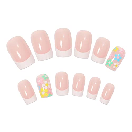Short Press On Nails White Flowers False Nails Spring Summer Artificial Glossy Fake Nails For Women Medium Acrylic French Nail Spring Summer With Adhesive Tabs 24 Pcs #TOP2