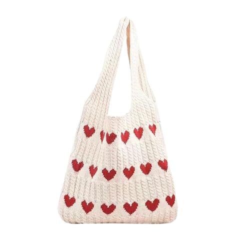 Image of Cotton Knitted Heart Pattern Tote Bag for Women - Large, Stylish & Durable Black Shoulder Handbag for Everyday Use, Travel, Shopping, Work & Beach (Pack of 1)