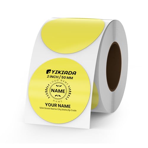 YIKIADA Etiqueta térmica de puntos amarillos de vinilo de 50 mm, autoadhesiva, rollo de pegatinas para direcciones, resistente al agua, para impresora de logotipo, código
