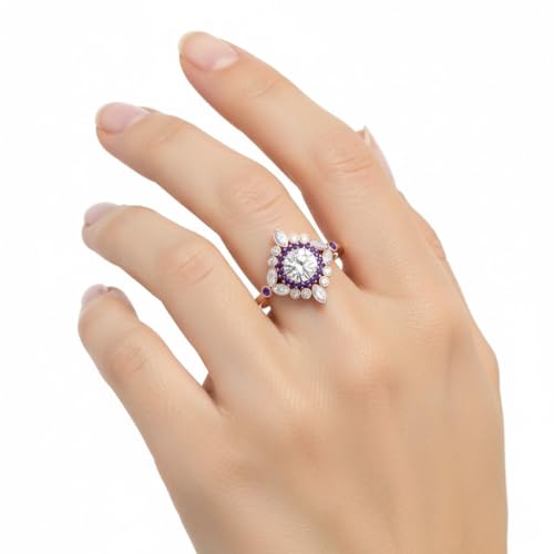 Image of 55Carat Choose Your Gemstone Round Halo Floral Engagement Ring Rose Gold Plated Round Shape Vintage Engagement Rings Everyday Jewelry Wedding Jewelry Handmade Gifts for Wife US Size 4 to 12