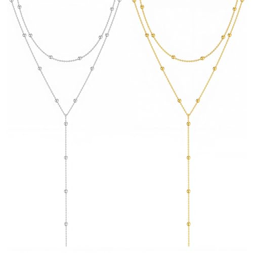 URYVAIW Collar de doble capa Mujer, Oro & Plata, Collar en Y, Ajustable, Acero inoxidable, Joyas, Regalo para Mujer, Elegante