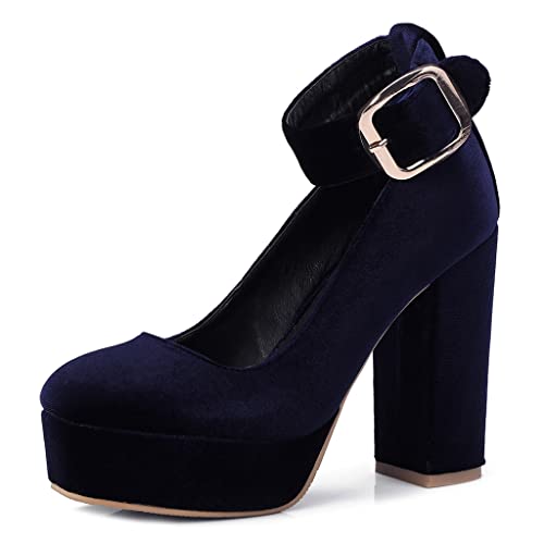 MIOKE Women's Platform Chunky High Block Heel Pumps Round Toe Comfort Buckle Strap Mary Jane Dress Shoes