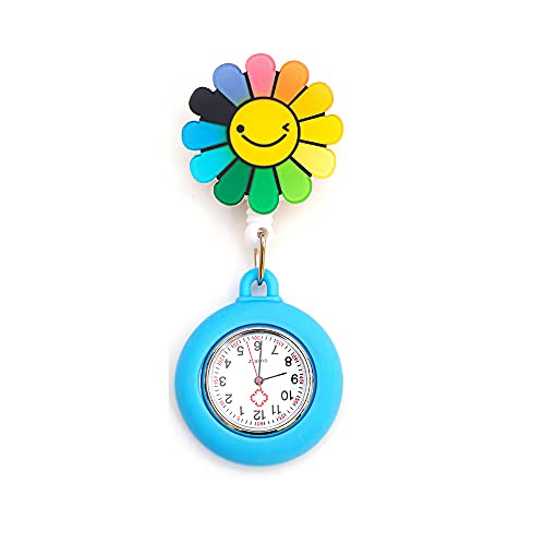 ZOVEDAIUG Retractable Nurse Watch Portable Pocket Watch Clip On Watch Cute Sunflower Quartz Watch with Second Hand for Doctor Black (Blue Smiley Flower)