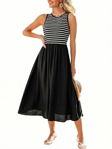 CUPSHE Womens Summer Sleeveless Midi Tank Dress Casual Striped Flowy A Line Long Sundress for Beach Vacation Black White, M