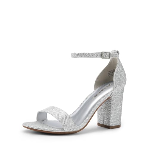 DREAM PAIRS Heels for Women Chunky Block Heel Open Toe Ankle Strap 3.5 Inch Heeled Sandals for Party Date Wedding 6.5 Silver