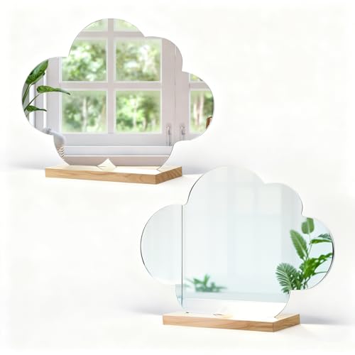 FINELYCR 2 Pièces Petit Miroir, Forme Irrégulière Petit Miroir sur Pied, Acrylique Miroir de Table sans Cadre, Miroir Maquillage avec Base en Bois pour Chambre à Coucher, Hôtel