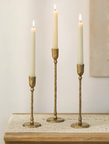 NUPTIO Iron Taper Candle Holders: Antique Brass Candlestick Holder for Thanksgiving Christmas Party - Set of 3 Tall Gold Candles Stick Decor for Fireplace Table Centerpiece