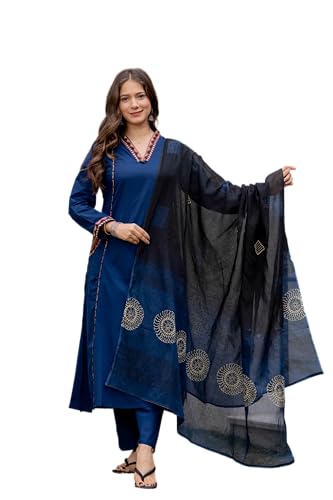 Image of MEERA FAB Women Floral Printed Pure Cotton Straight V-Neck Kurta with Palazzos & Dupatta