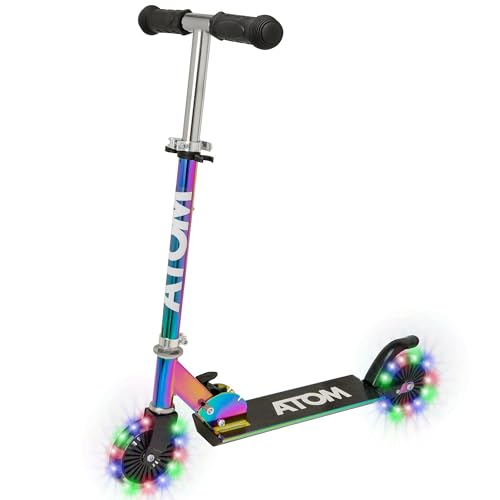 Atom Kinderroller Inline mit leuchtenden Rädern | Verstellbare Lenkerhöhe | Leicht Faltbarer Scooter für Jungen & Mädchen | Stabiler Tretroller für Kinder von 5-12 Jahren (Neochrom)