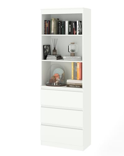 Xinyvee Estanteria Libros Blanca con Cajones, Estanterias Almacenaje, Libreria Estanteria, Estantería Libros Blanca, Estanterias Estrechas con 3 Plantas de Espacio Abierto(60x32x180cm)