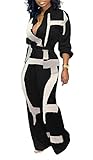 Tbahhir Women's Long Sleeve Jumpsuit Black and White Colorblock Outfit Wide Leg Long Pants Romper Overalls