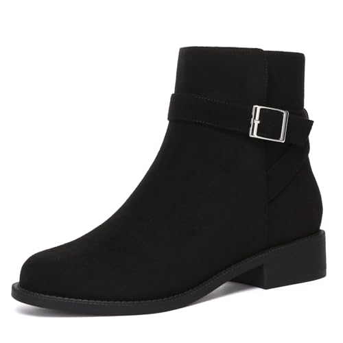 Women's Ankle Black Suede Boots Chunky Low Heel Fashion Round Toe Buckle leather Booties Size 8