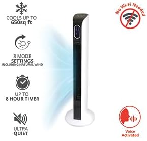 Infographic showing key features of the Aiwa Tower Fan: cools up to 650 sq ft, 3 mode settings, up to 8 hour timer, ultra quiet, voice activated, no Wi-Fi needed.