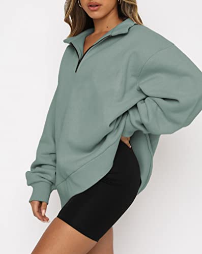 Btfbm Women's Quarter Zip Long Sleeve Sweatshirt Oversized Casual 2023 Fall Winter Fashion Hoodies Pullover Y2K Clothes(Solid Grey Green, Medium) #TOP1