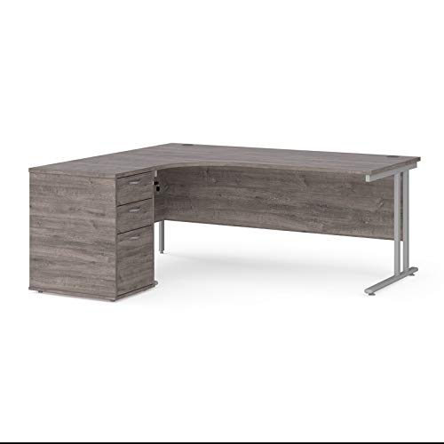 Image of Mr Office Maestro 25 left hand ergonomic desk with silver cantilever frame and desk high pedestal bundle, Grey oak, 1800