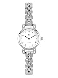 JSDDE Orologio da donna al quarzo con cinturino in metallo lucido con strass, orologio analogico al quarzo, quadrante rotondo, numeri arabi, orologio vestito, cassa bianca, facile da leggere ore e