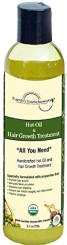 Earth's Enrichments Hot Oil Treatment for Dry, Damaged Hair, Hair Growth Serum, Moisturizes, Hydrates, Reduce Shedding and Breakage, USDA Organic, 8oz