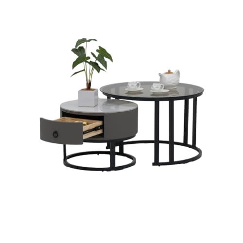 Image of Royaloak Sepang Malaysian Sintered & Glass Coffee Table Set of 2 | Nesting Coffee Table for Living Room with Modern Nested Design, Drawer Storage, Tempered Glass Top & Powder-Coated Metal Frame