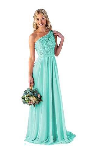LANGKAAO Turquoise Bridesmaid Dresses Long for Teens Lace A-Line Chiffon Wedding Party Gown One Shoulder Floor Length Formal Dress Size 4