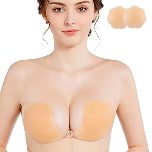Niidor Adhesive Bra Backless Sticky Strapless Invisible Push up Silicone Bra for Women with Nipple Covers (D Cup) Nude