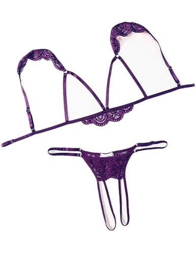 Avidlove Lingerie for Women Sexy Bra and Panty Sets Floral Lace Cutout Lingerie Set 2 Piece Outfits Dark Purple