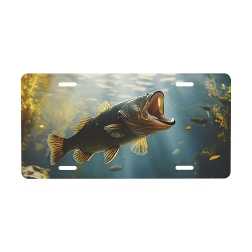LRCCJS Underwater Bass License Plate - Fishing Enthusiast Metal Car Tag Aluminum Waterproof 12x6 Inch