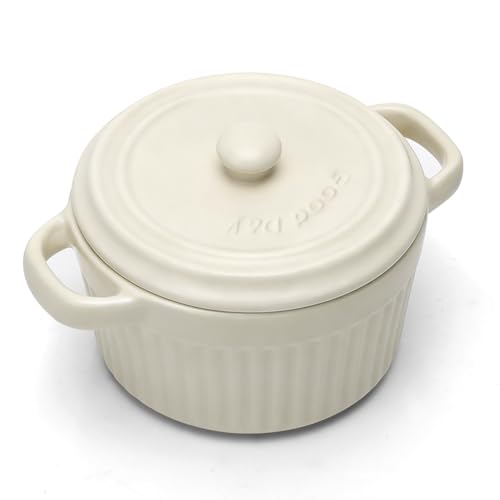 Mini Cocotte mit Deckel, Auflaufform Keramik mit Griffen & Deckel, Runde Auflaufförmchen mit Deckel für Lasagne, Soufflé, Creme Brûlée, Dessert, Für Mikrowelle & Backofen (Weiß, L-1pc)