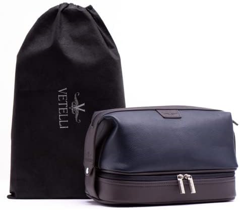 Vetell Leo Large Leather Men's Travel Toiletry and Shaving Case Bag with Upper and Lower Zippered Compartments, 3 Interior Loops and Carrying Handles
