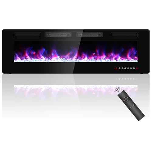 60 inch Ultra Thin Electric Fireplace, Freestanding, Recessed or Wall Mounted, 1500W Energy Efficient Heater with Realistic 3D Crystal Flame Effect, Remote Control & Touch Panel, 750W/1500W, UKCA/CE