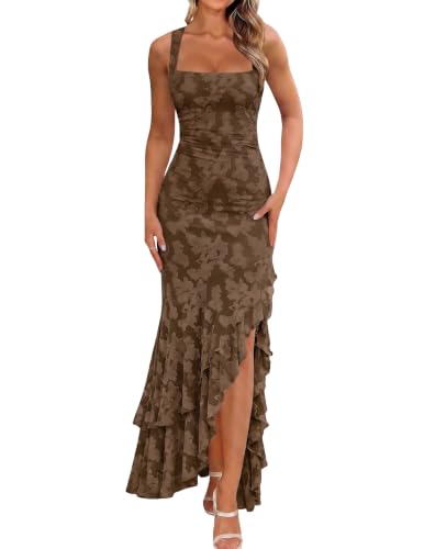 Women's Elegant Ruched Floral Maxi Wedding Guest Dress,XS,Coffee