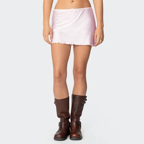 Mxiqqpltky Women Satin Mini Skirt Casual Lace Trim Low Waist Elastic Waist A Line Skirts Summer Bodycon Short Skirts Clubwear2