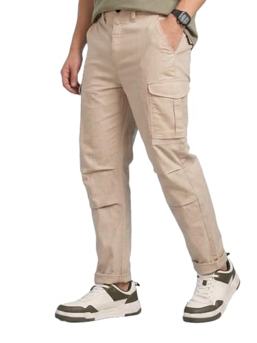 Image of Vogaan Men Cotton Linen Blend Cargo Pants | Mid Rise Regular Fit Casual Trousers | Multi Pocket Utility Bottom Wear | Comfortable Breathable Fabric Travel Outdoor Styling