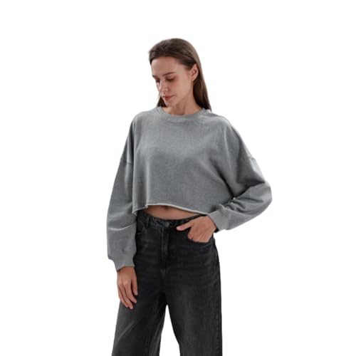 Amazhiyu Oversized Sweatshirt Women Cropped Hoodie, Loose Fit Crewneck Long Sleeve Tops for Fall Spring Grey M