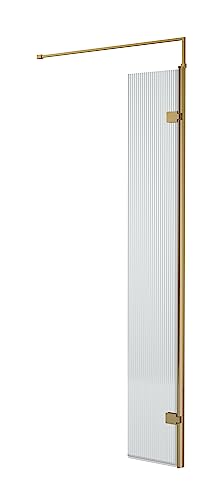 Image of nuie WRFL18530BB Fluted Modern Bathroom 8mm Toughened Safety Glass Hinged Return Screen with Support Bar, 300mm, Brushed Brass