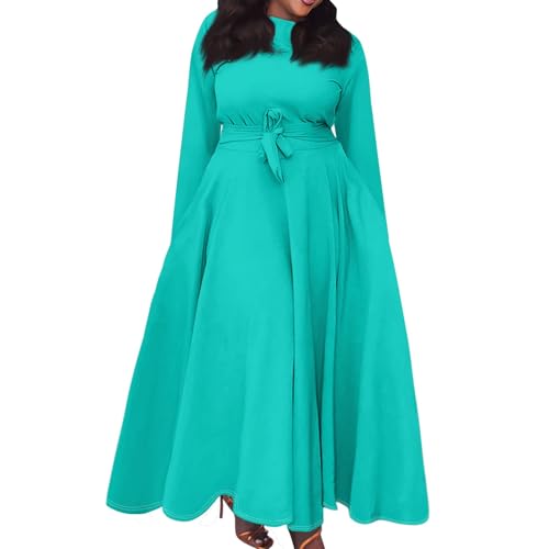 Plus Size Dresses for Curvy Women Orders My Spring Dresses for Women 2025 Elegant Long Sleeve Maxi Dress Flowy Ruched Hem Wedding Guest Dress with Belt Trendy Crewneck Beach Dress (Turquoise,4XL)