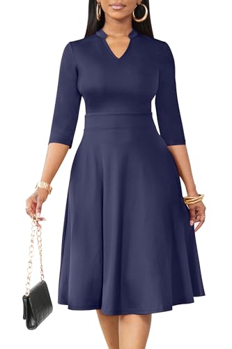 Image of Nmoder Casual Dresses for Women Semi Formal Fit and Flare 3 /4 Sleeve A-line Church Work Dress with Pockets
