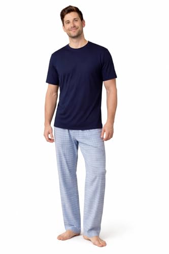 Image of Gaffer Mens Pyjamas Set Trousers Woven Check Lounge Pants Short Sleeve T Shirts Top (XL, Sky + Navy - PjamaSet-21)