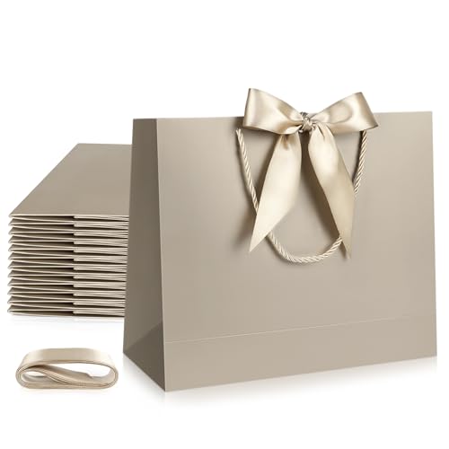 JMANNI 12 Pcs Black Paper Gift Bags with Ribbon Handle
