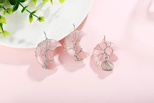 Xiannvxi Rose Quartz Necklaces Healing Crystal Stone Necklaces Tree Of Life Wire Wrapped Crescent Moon Pendant Necklace Natural Reiki Gemstone Quartz Jewelry For Women Mother Mom #TOP6