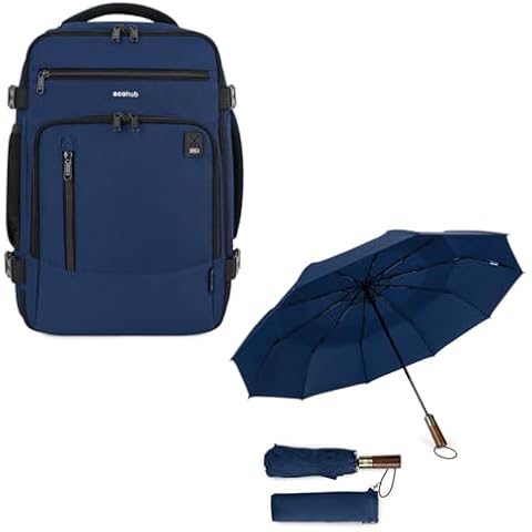 ECOHUB 16'' Travel Backpack & Travel Umbrella for Rain, Windproof Compact Umbrella, Strong Fiberglass Ribs, Easy Automatic Open Close, Anti-Lost Sleeve Cover