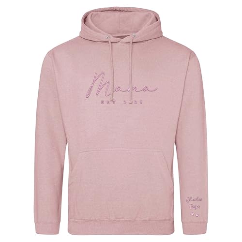 Purple Print House Personalised Embroidered Mama Hoodie Custom Baby Name Est Date Heart Design Gift for Mothers Day, M, Dusty Pink