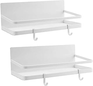 Bekith 2 Pack Magnetic Spice Rack Organizer with 4 Removable Hooks, Refrigerator Storage Shelf, Single Tier Fridge Spice Rack, White