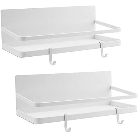Bekith 2 Pack Magnetic Spice Rack Organizer with 4 Removable Hooks, Refrigerator Storage Shelf, Single Tier Fridge Spice Rack, White Cover