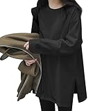 [Luxiwear] tシャツ レディース 長袖 【一度着たら虜になる！着痩せ見え×抜け感UP】 トップス 体型カバー カットソー 丸首 クルーネック 保温 ロングスリーブ サイドスリット おしゃれ きれいめ カジュアル ゆったり 重ね着 無地 シンプル(L,ブラック)